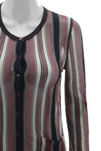 Chanel Womens Dark Blue Striped Round Neck Button Up Blouse Long Sleeve Size 38
