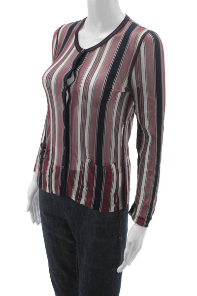 Chanel Womens Dark Blue Striped Round Neck Button Up Blouse Long Sleeve Size 38