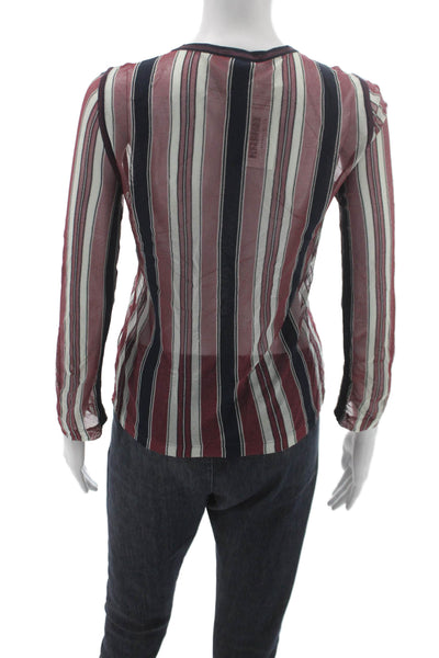 Chanel Womens Dark Blue Striped Round Neck Button Up Blouse Long Sleeve Size 38