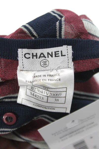 Chanel Womens Dark Blue Striped Round Neck Button Up Blouse Long Sleeve Size 38