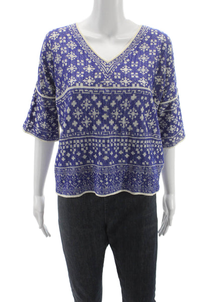 Isabel Marant Etoile Women Blue Cropped Tunic VNeck 3/4 Sleeve Geometric Size S