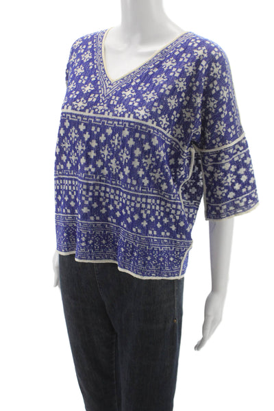 Isabel Marant Etoile Women Blue Cropped Tunic VNeck 3/4 Sleeve Geometric Size S