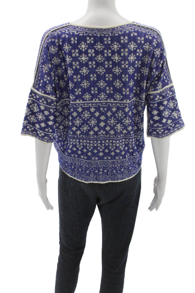 Isabel Marant Etoile Women Blue Cropped Tunic VNeck 3/4 Sleeve Geometric Size S