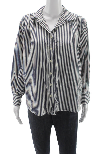The Great Women Silk Striped Long-Sleeve Button-Up Blouse Dark Blue Size 1