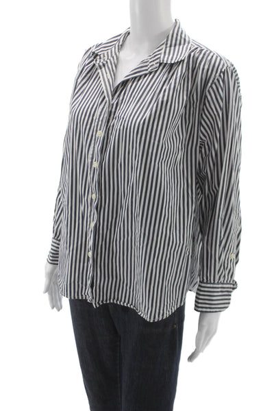 The Great Women Silk Striped Long-Sleeve Button-Up Blouse Dark Blue Size 1