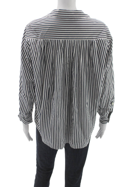 The Great Women Silk Striped Long-Sleeve Button-Up Blouse Dark Blue Size 1