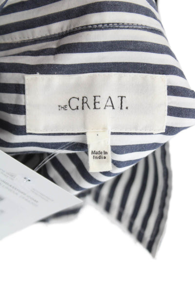 The Great Women Silk Striped Long-Sleeve Button-Up Blouse Dark Blue Size 1