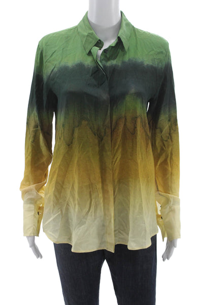Altuzarra Women Green Silk Collared Button Up Blouse Long Sleeve Size 36