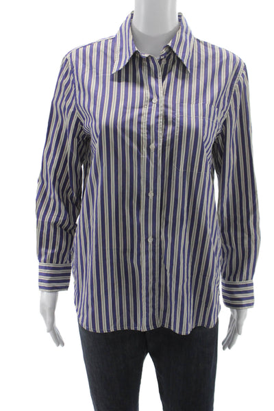 Soeur Womens Striped Collared Button-Up Cotton Shirt Long Sleeve Blue Size 34