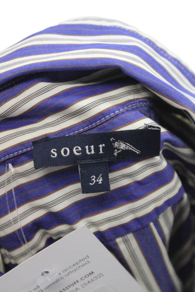 Soeur Womens Striped Collared Button-Up Cotton Shirt Long Sleeve Blue Size 34