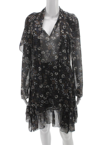 See by Chloe Women Black Chiffon Shift Shirt Dress Long Sleeve Size S