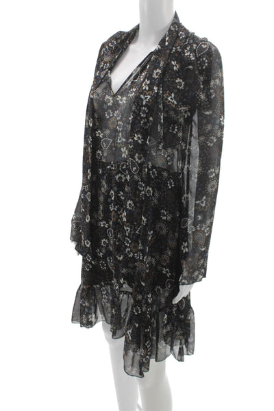 See by Chloe Women Black Chiffon Shift Shirt Dress Long Sleeve Size S