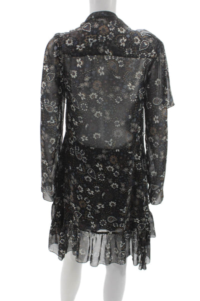 See by Chloe Women Black Chiffon Shift Shirt Dress Long Sleeve Size S