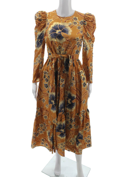 Ulla Johnson Women Fit & Flare Maxi Dress Orange Floral Long Sleeve Tie Size 0