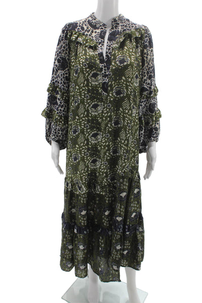 Apiece Apart Women Kaftan Maxi Dress Black Floral V-Neck Long Sleeve Size 2