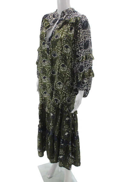 Apiece Apart Women Kaftan Maxi Dress Black Floral V-Neck Long Sleeve Size 2
