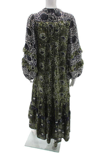 Apiece Apart Women Kaftan Maxi Dress Black Floral V-Neck Long Sleeve Size 2
