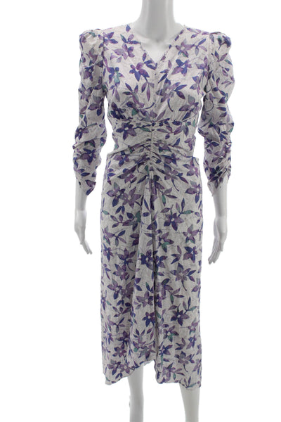 Isabel Marant Women White Floral Cotton Sheath Dress V Neck Long Sleeve Size S