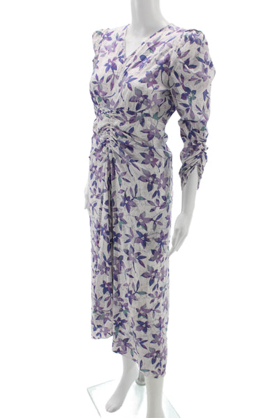 Isabel Marant Women White Floral Cotton Sheath Dress V Neck Long Sleeve Size S