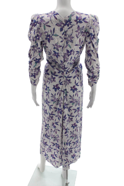 Isabel Marant Women White Floral Cotton Sheath Dress V Neck Long Sleeve Size S