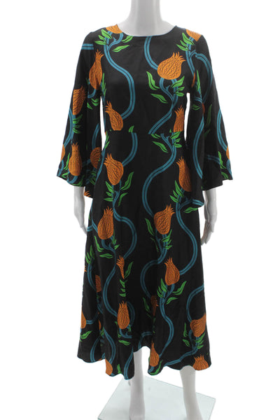 La Double J Women A-Line Maxi Dress Black Floral 3/4 Sleeve Zip Size XS