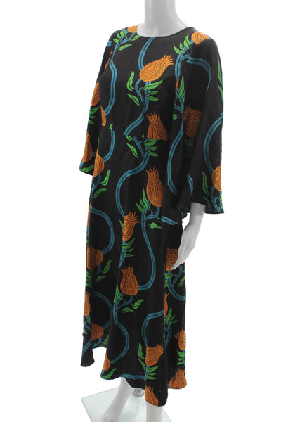 La Double J Women A-Line Maxi Dress Black Floral 3/4 Sleeve Zip Size XS