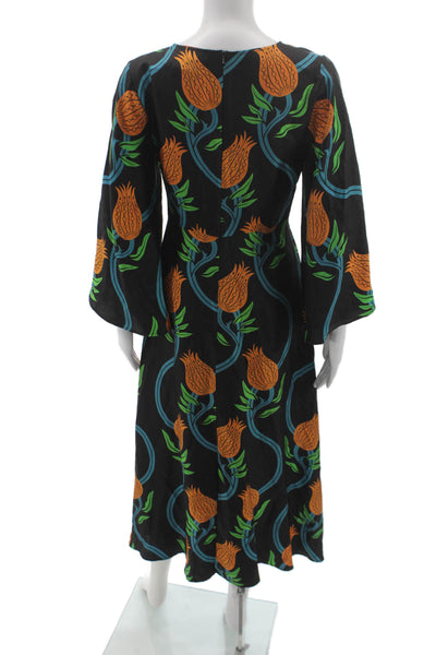 La Double J Women A-Line Maxi Dress Black Floral 3/4 Sleeve Zip Size XS