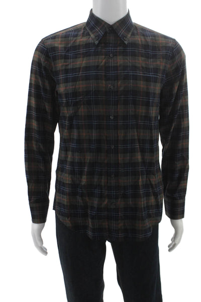 Vince Mens Cotton Plaid Long Sleeve Button Up Shirt Navy Size M
