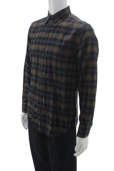 Vince Mens Cotton Plaid Long Sleeve Button Up Shirt Navy Size M