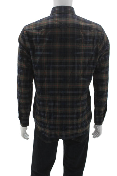 Vince Mens Cotton Plaid Long Sleeve Button Up Shirt Navy Size M