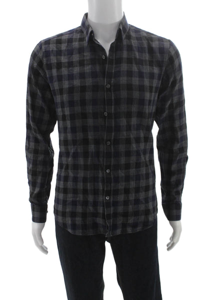 Theory Mens Cotton Checkered Long Sleeve Slim Fit Button Up Shirt Navy Size S