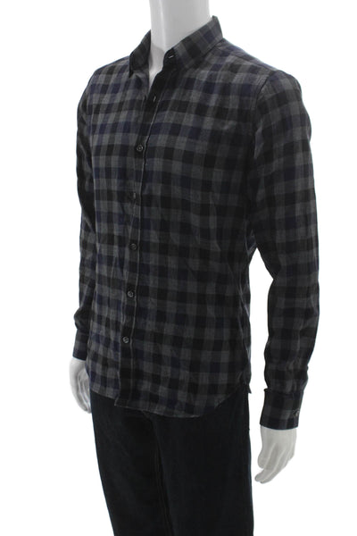 Theory Mens Cotton Checkered Long Sleeve Slim Fit Button Up Shirt Navy Size S