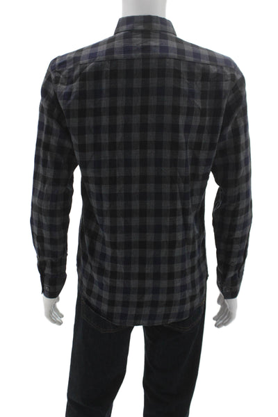 Theory Mens Cotton Checkered Long Sleeve Slim Fit Button Up Shirt Navy Size S