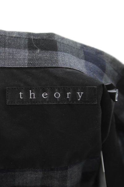 Theory Mens Cotton Checkered Long Sleeve Slim Fit Button Up Shirt Navy Size S