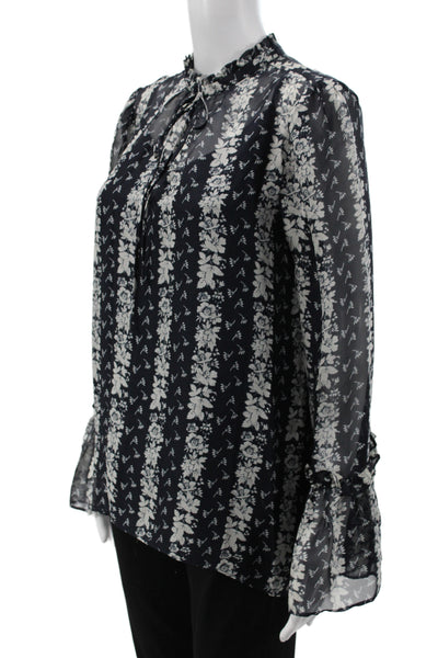 Shoshanna Women Silk Black High Neck Floral Long Sleeve Tie Blouse Size M