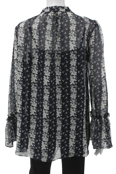Shoshanna Women Silk Black High Neck Floral Long Sleeve Tie Blouse Size M