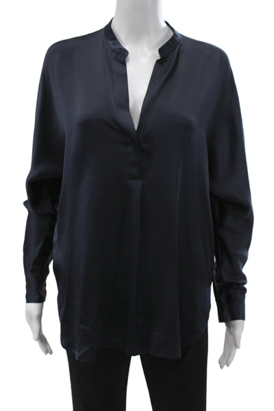 Vince Womens Tunic Blouse Dark Blue Silk Long Sleeve Button Size XS