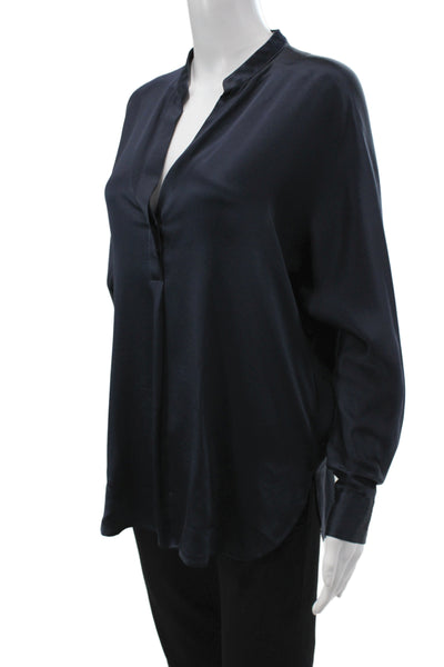 Vince Womens Tunic Blouse Dark Blue Silk Long Sleeve Button Size XS