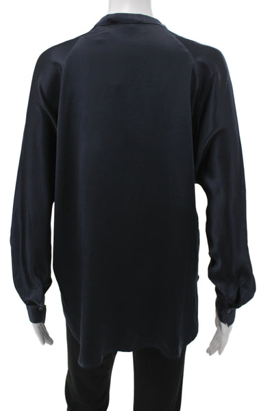 Vince Womens Tunic Blouse Dark Blue Silk Long Sleeve Button Size XS