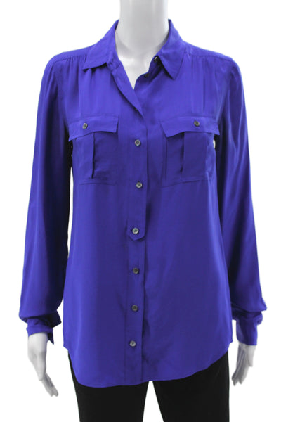 J Crew Women Purple Silk Collared Button Up Blouse Long Sleeve Size 2 Petite
