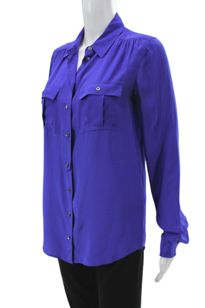 J Crew Women Purple Silk Collared Button Up Blouse Long Sleeve Size 2 Petite