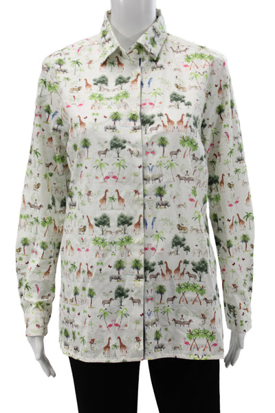 Vilagallo Women White Animal Print Collared Button-Up Long Sleeve Top Size 40