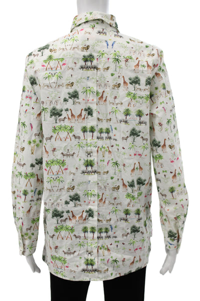 Vilagallo Women White Animal Print Collared Button-Up Long Sleeve Top Size 40
