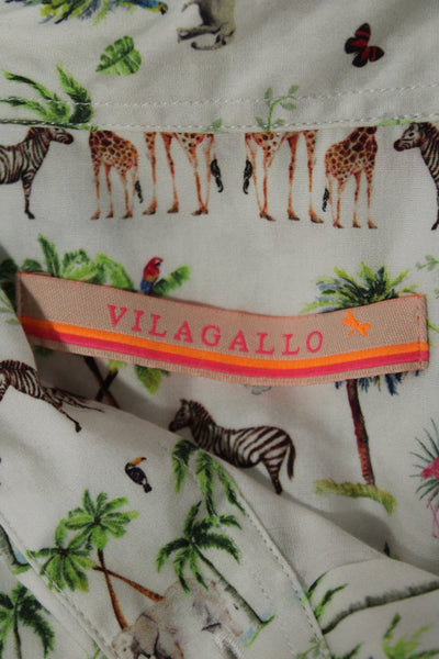 Vilagallo Women White Animal Print Collared Button-Up Long Sleeve Top Size 40