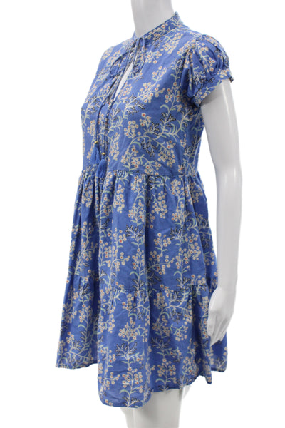 Perry Walker Women A-Line Shirt Dress Blue Floral Cotton Collared Size 1