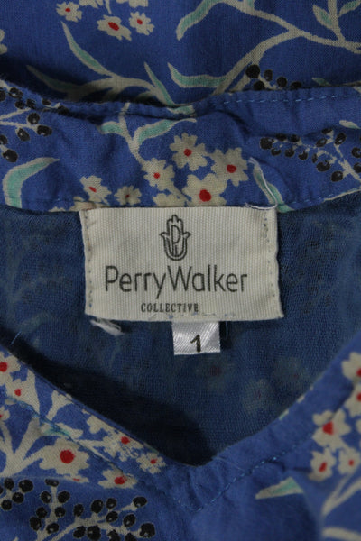 Perry Walker Women A-Line Shirt Dress Blue Floral Cotton Collared Size 1