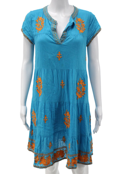 Roller Rabbit Women Kaftan Shift Dress Blue Floral V-Neck Short Sleeve Size XS
