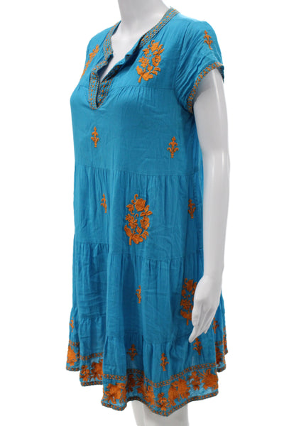 Roller Rabbit Women Kaftan Shift Dress Blue Floral V-Neck Short Sleeve Size XS