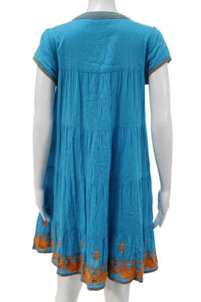 Roller Rabbit Women Kaftan Shift Dress Blue Floral V-Neck Short Sleeve Size XS