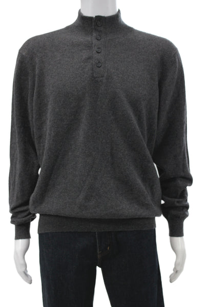 Kinross Cashmere Mens Dark Gray Henley Mock Neck Pullover Button Size L